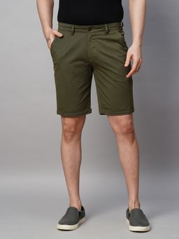 GENIPS - Men's Green Cotton Lycra Slim Fit Shorts