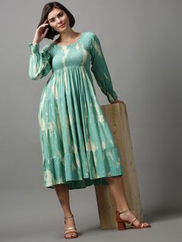 SHOWOFF - Womens Round Neck Tie And Dye Sea Green Midi Dress