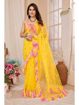 VAIRAGEE - Niti Yellow Net Embroidered Saree with Unstitched Blouse