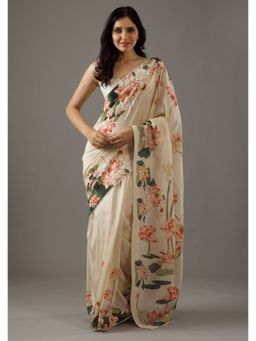 VAIRAGEE - Durga Cream Silk Printed Saree with Unstitched Blouse
