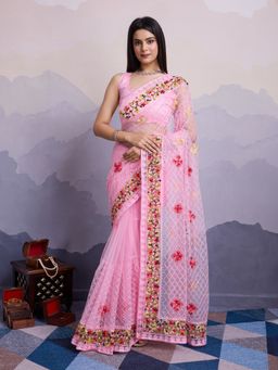 VAIRAGEE - Laxmi Pink Net Embroidered Saree with Unstitched Blouse