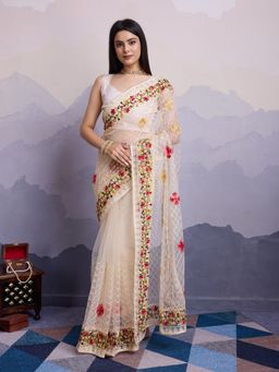 VAIRAGEE - Laxmi Cream Net Embroidered Saree with Unstitched Blouse