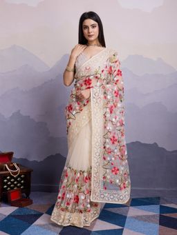 VAIRAGEE - Laxmi Cream Net Embroidered Saree with Unstitched Blouse