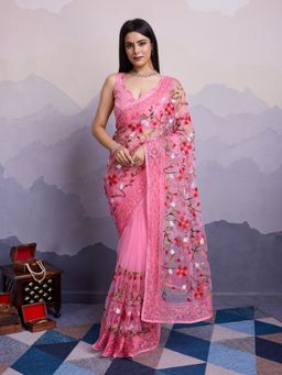 VAIRAGEE - Laxmi Peach Net Embroidered Saree with Unstitched Blouse