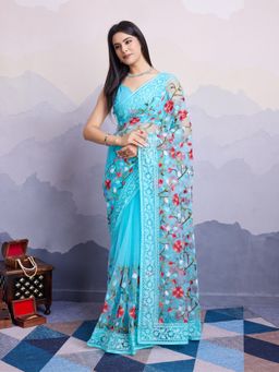 VAIRAGEE - Laxmi Turquoise Net Embroidered Saree with Unstitched Blouse