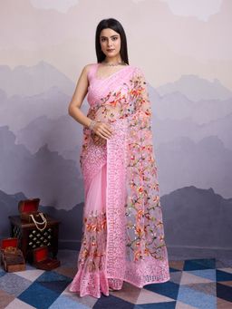 VAIRAGEE - Laxmi Pink Net Embroidered Saree with Unstitched Blouse