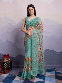 VAIRAGEE - Laxmi Green Net Embroidered Saree with Unstitched Blouse
