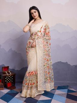 VAIRAGEE - Laxmi Cream Net Embroidered Saree with Unstitched Blouse