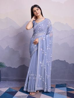VAIRAGEE - Cranberry Blue Chiffon Embellished Embroidered Saree with Unstitched Blouse