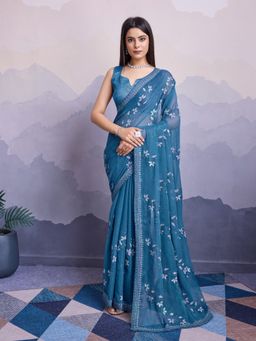 VAIRAGEE - Cranberry Teal Chiffon Embellished Embroidered Saree with Unstitched Blouse