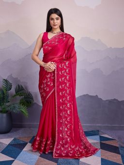 VAIRAGEE - Cranberry Maroon Silk Embellished Embroidered Saree with Unstitched Blouse