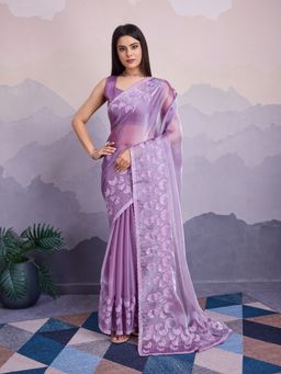 VAIRAGEE - Cranberry Purple Silk Embellished Embroidered Saree with Unstitched Blouse
