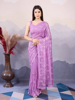 VAIRAGEE - Kohinoor Purple Net Embroidered Saree with Unstitched Blouse