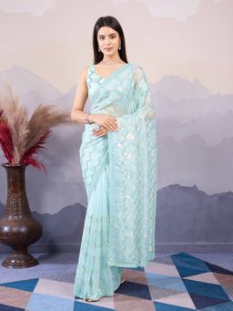 VAIRAGEE - Kohinoor Turquoise Net Embroidered Saree with Unstitched Blouse
