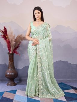VAIRAGEE - Cranberry Green Silk Embellished Embroidered Saree with Unstitched Blouse