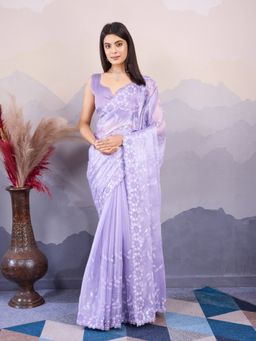 VAIRAGEE - Cranberry Lavender Silk Embellished Embroidered Saree with Unstitched Blouse