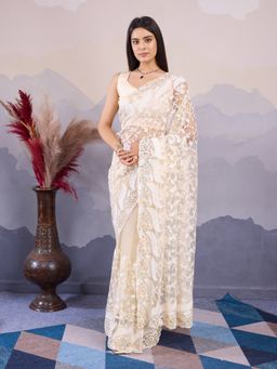 VAIRAGEE - Shalimar Cream Net Embroidered Saree with Unstitched Blouse