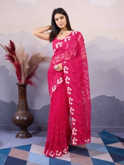 VAIRAGEE - Shalimar Pink Net Embroidered Saree with Unstitched Blouse