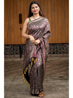 I LOVE SAREES - Floral Black Jamawar Banarasi Silk Saree Without Blouse