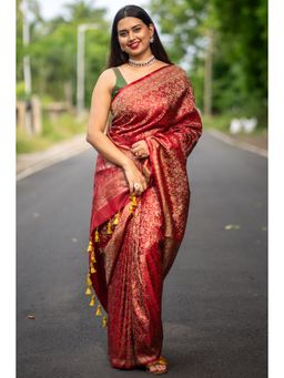 I LOVE SAREES - Red Jamawar Banarasi Silk Saree Without Blouse