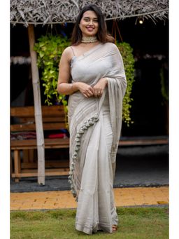 I LOVE SAREES - Grey Tissue Silk Silver Zari Saree Without Blouse