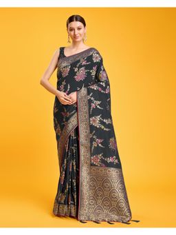 Monjolika Fashion - Women's Gorgeous Banarasi Viscose Silk Black Saree with Unstitched Blouse