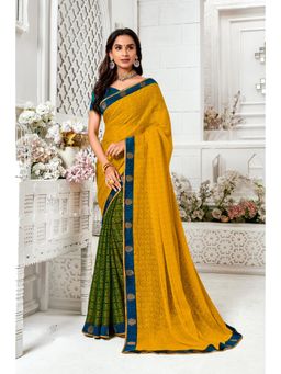 Laxmipati Sarees - Designer Printed Mustard & Green Brasso Saree with Unstitched Blouse