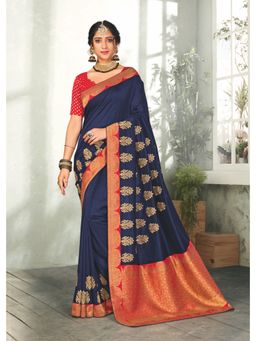 Laxmipati Sarees - Designer Embroidered Navy Blue Art Silk Saree with Unstitched Blouse