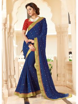 Laxmipati Sarees - Designer Embroidered Dark Blue Georgette Saree with Unstitched Blouse