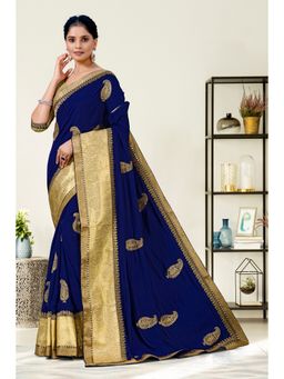 Laxmipati Sarees - Designer Embroidered Dark Blue Crepe Saree with Unstitched Blouse