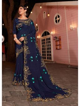 Laxmipati Sarees - Designer Embroidered Dark Blue Chiffon Saree with Unstitched Blouse