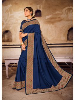 Laxmipati Sarees - Designer Embroidered Navy Blue Saree with Unstitched Blouse