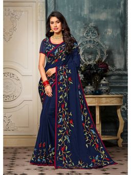 Laxmipati Sarees - Designer Embroidered Dark Blue Chiffon Saree with Unstitched Blouse