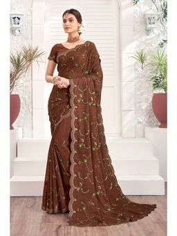 Laxmipati Sarees - Designer Embroidered Brown Chiffon Saree with Unstitched Blouse