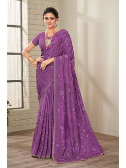 Laxmipati Sarees - Designer Embroidered Purple Chiffon Saree with Unstitched Blouse