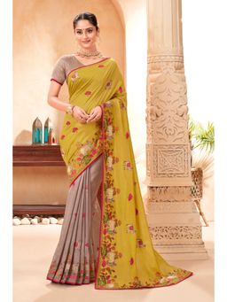 Laxmipati Sarees - Designer Embroidered Mustard & Beige Saree with Unstitched Blouse