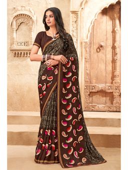 Laxmipati Sarees - Designer Printed Embroidered Brown Chiffon Saree with Unstitched Blouse