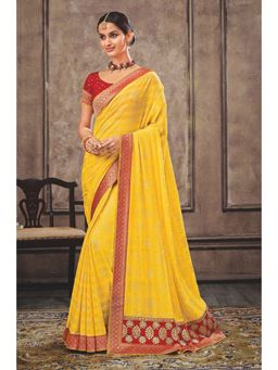 Laxmipati Sarees - Designer Printed Embroidered Yellow Chiffon Saree with Unstitched Blouse