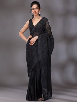 Koskii - Black Thread Work Georgette Saree with Unstitched Blouse