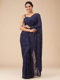 Koskii - Navy Blue Thread Work Georgette Saree with Unstitched Blouse
