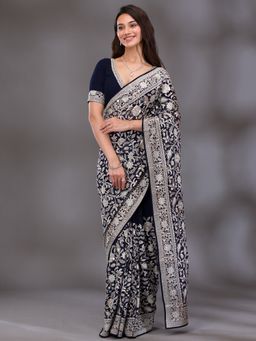 Koskii - Navy Blue Thread Work Tissue Saree with Unstitched Blouse