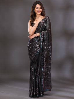 Koskii - Black Sequins Georgette Saree with Unstitched Blouse