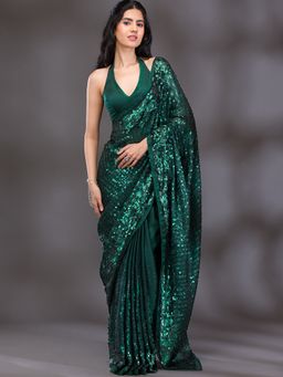 Koskii - Bottle Green Sequins Georgette Saree with Unstitched Blouse
