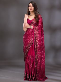 Koskii - Red Sequins Georgette Saree with Unstitched Blouse