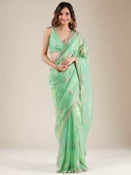 Koskii - Sea Green Stonework Tissue Saree with Unstitched Blouse
