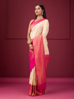 Koskii - Cream Zari Work Soft Silk Saree with Unstitched Blouse