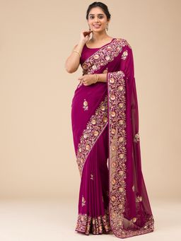 Koskii - Wine Sequins Georgette Saree with Unstitched Blouse