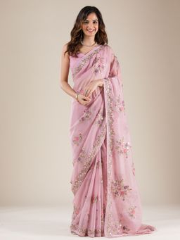 Koskii - Onion Pink Thread Work Organza Saree with Unstitched Blouse