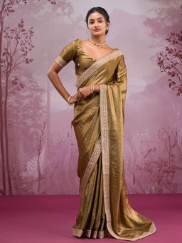 Koskii - Gold Sequined Tissue Saree with Unstitched Blouse
