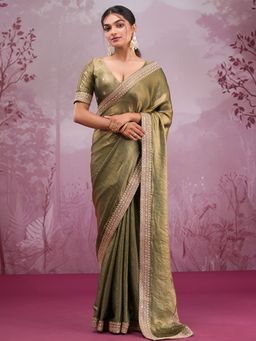 Koskii - Rama Green Sequined Tissue Saree with Unstitched Blouse